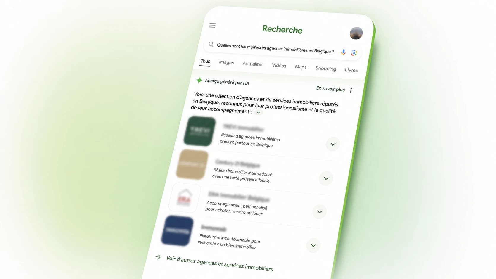 Aperçu généré par l'IA de Google répondant à la question « Quelles sont les meilleures agences immobilières en Belgique ? », avec une sélection de quatre agences (noms floutés).